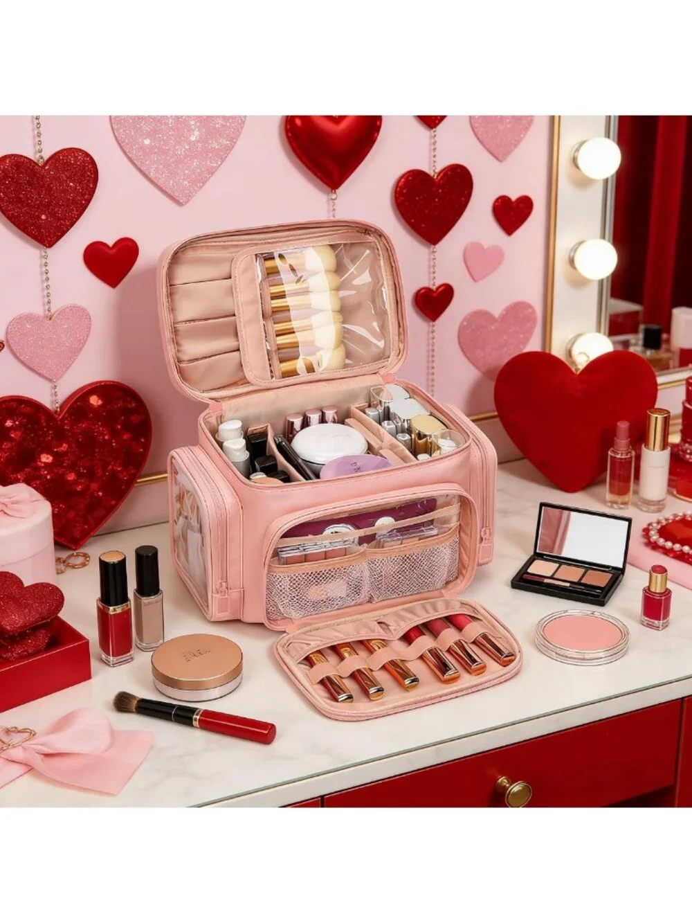 Large Portable Makeup Bag Organizer for Women | Travel Cosmetic Case with Brush